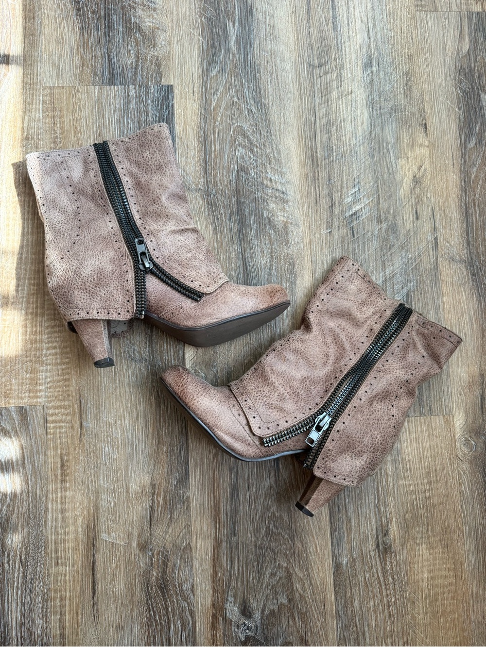 Not Rated Taupe Perforated Ankle Booties with Exposed Side Zipper